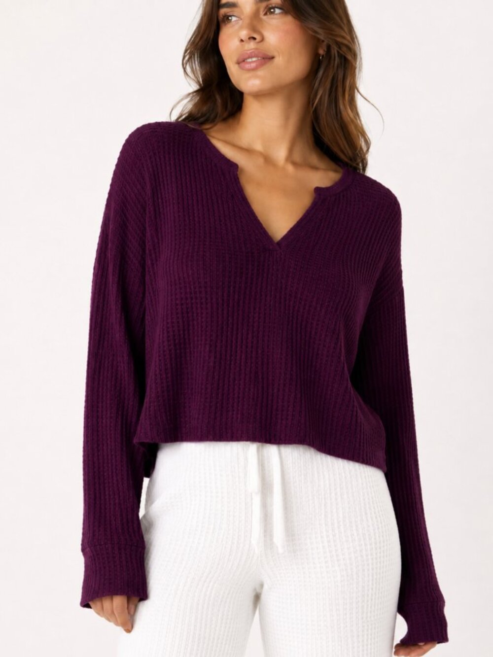 BEYOND YOGA Freestyle Waffle Knit Crop Pullover Top Long Sleeve Magenta Purple M
